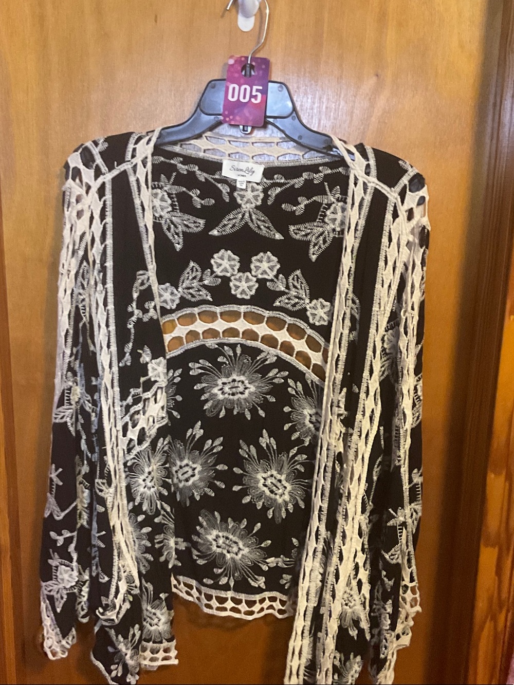 05 - Siren Lily Black Sheer Floral Jacket with Cream Crochet Accents